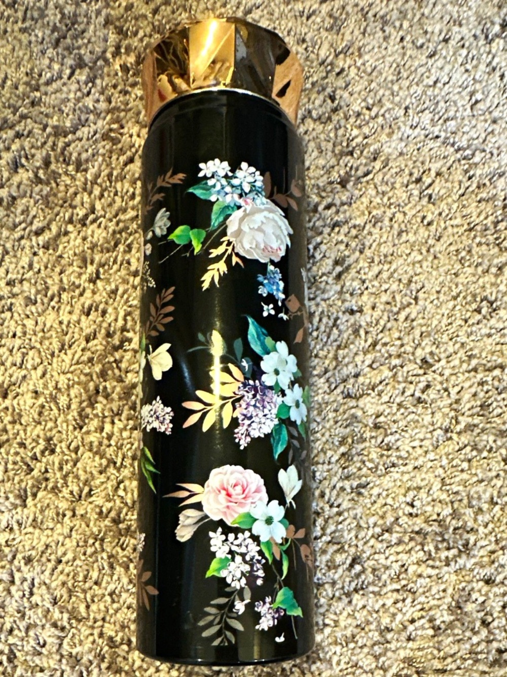 Floral Black Stainless Tumbler with Rose Gold Lid